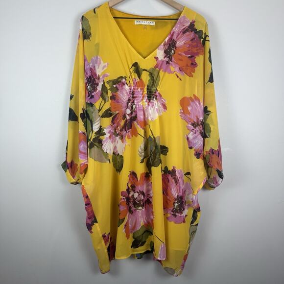 Trina Turk Mimosa Yellow Floral Print Shift Gentle Dress Small Resort Summer - Picture 2 of 11